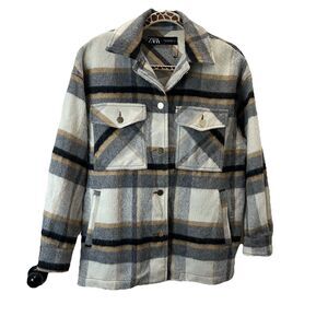 Zara Plaid Wool Blend Shacket Jacket Button Up Shirt Cream Black Gray Womens S
